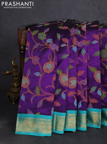 Silk cotton saree purple and teal green with allover kalamkari prints and korvai zari woven border