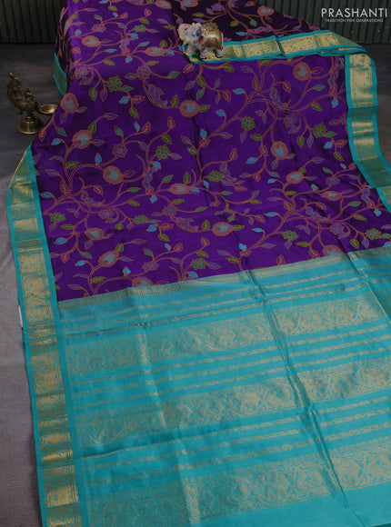 Silk cotton saree purple and teal green with allover kalamkari prints and korvai zari woven border