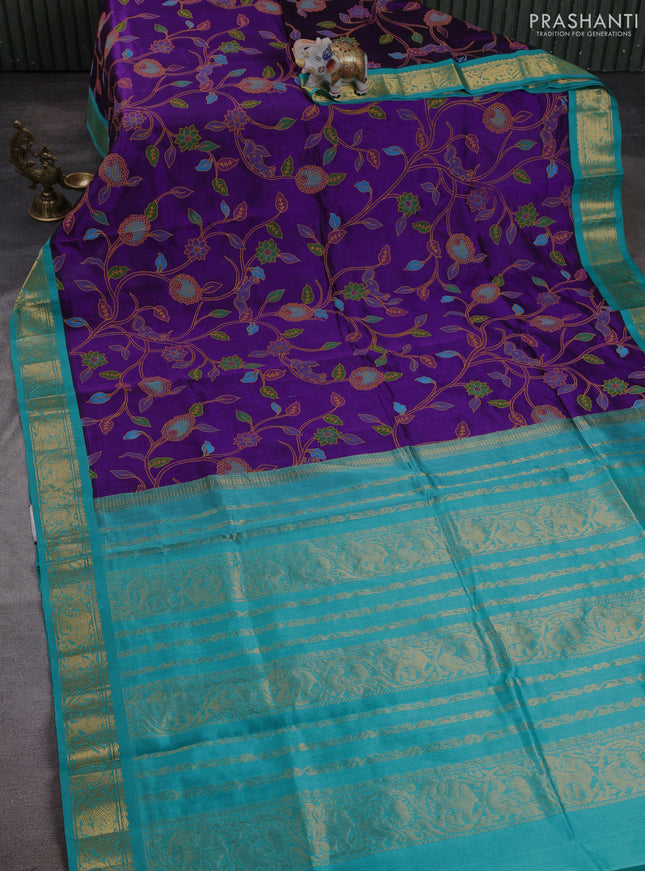 Silk cotton saree purple and teal green with allover kalamkari prints and korvai zari woven border