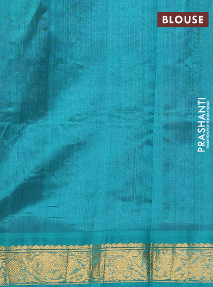 Silk cotton saree purple and teal green with allover kalamkari prints and korvai zari woven border