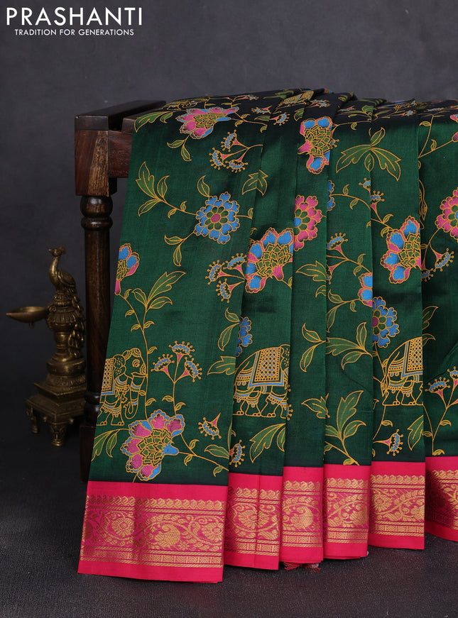 Silk cotton saree bottle green and pink with allover kalamkari prints and korvai zari woven border