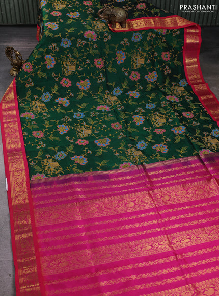 Silk cotton saree bottle green and pink with allover kalamkari prints and korvai zari woven border