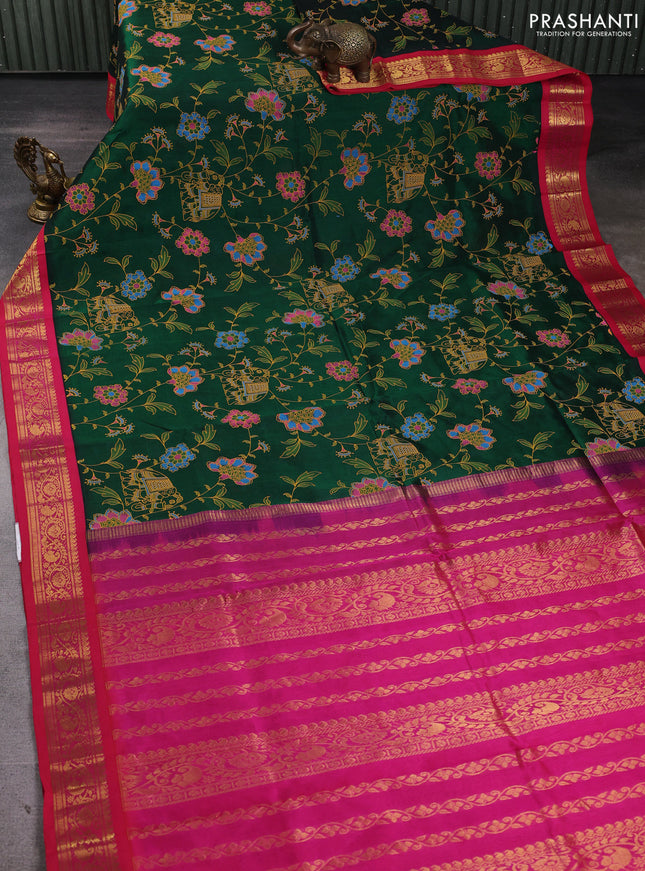Silk cotton saree bottle green and pink with allover kalamkari prints and korvai zari woven border
