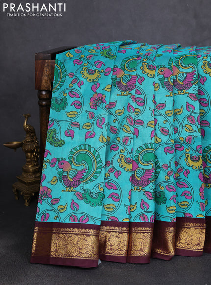 Silk cotton saree teal blue and coffee brown with allover kalamkari prints and korvai zari woven border