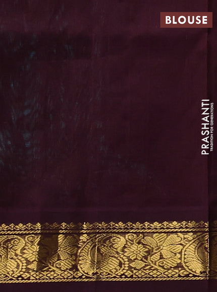 Silk cotton saree teal blue and coffee brown with allover kalamkari prints and korvai zari woven border