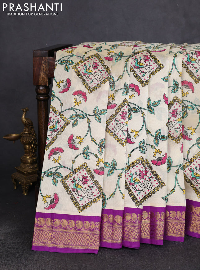 Silk cotton saree cream and purple with allover kalamkari prints and korvai zari woven border