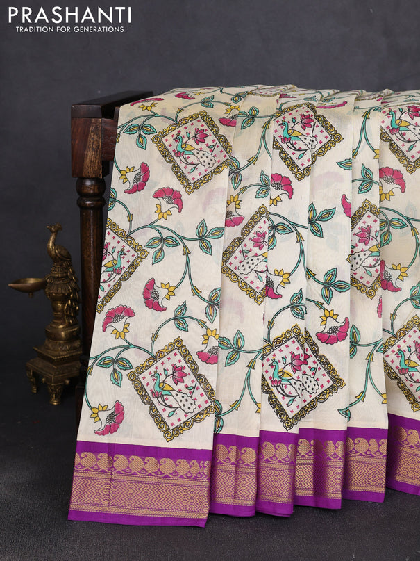 Silk cotton saree cream and purple with allover kalamkari prints and korvai zari woven border
