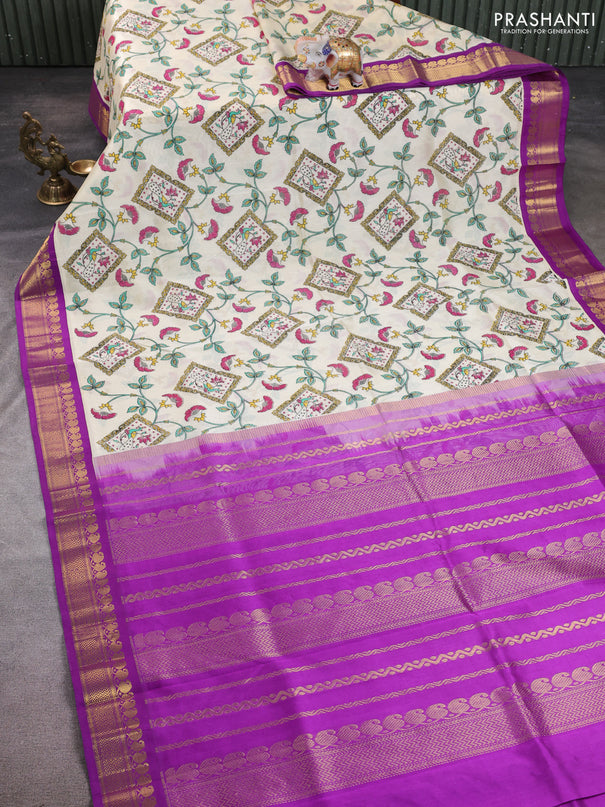 Silk cotton saree cream and purple with allover kalamkari prints and korvai zari woven border