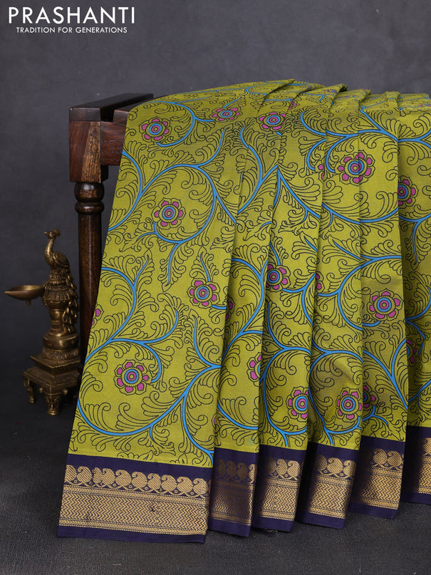 Silk cotton saree light green and navy blue with allover kalamkari prints and korvai zari woven border