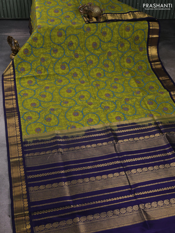 Silk cotton saree light green and navy blue with allover kalamkari prints and korvai zari woven border