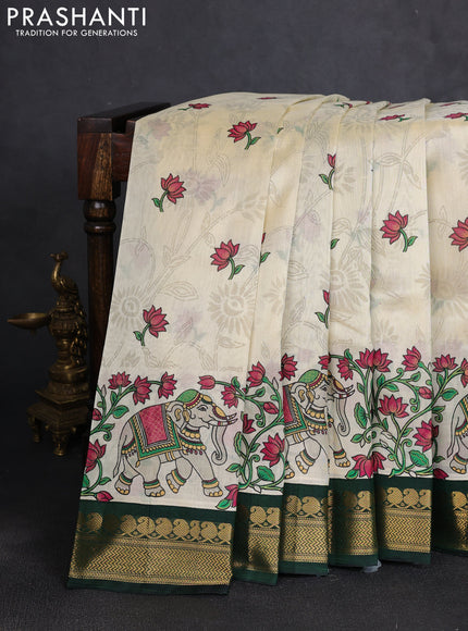 Silk cotton saree cream and bottle green with allover kalamkari prints and korvai zari woven border