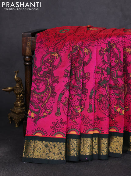 Silk cotton saree candy pink and bottle green with allover kalamkari prints and korvai zari woven border