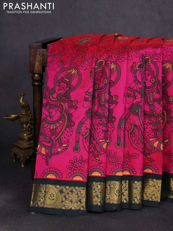 Silk cotton saree candy pink and bottle green with allover kalamkari prints and korvai zari woven border