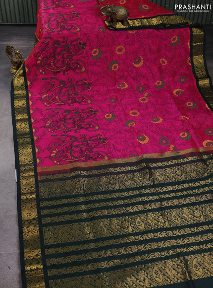 Silk cotton saree candy pink and bottle green with allover kalamkari prints and korvai zari woven border