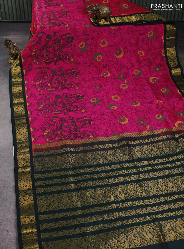 Silk cotton saree candy pink and bottle green with allover kalamkari prints and korvai zari woven border