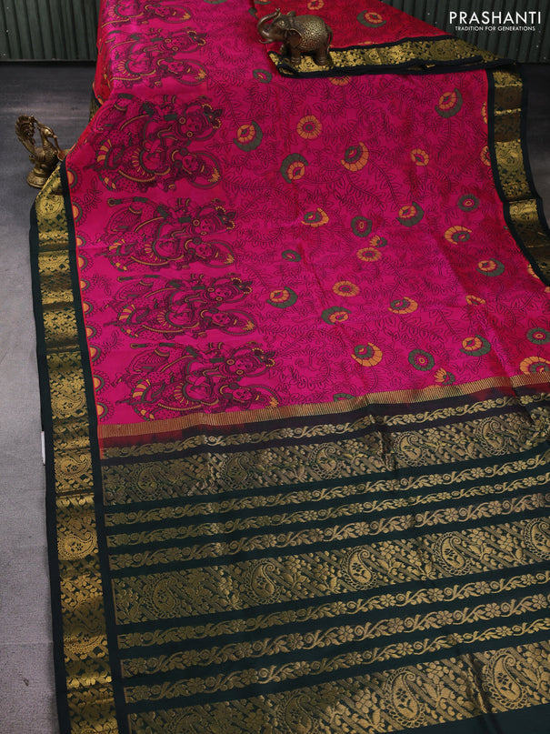 Silk cotton saree candy pink and bottle green with allover kalamkari prints and korvai zari woven border