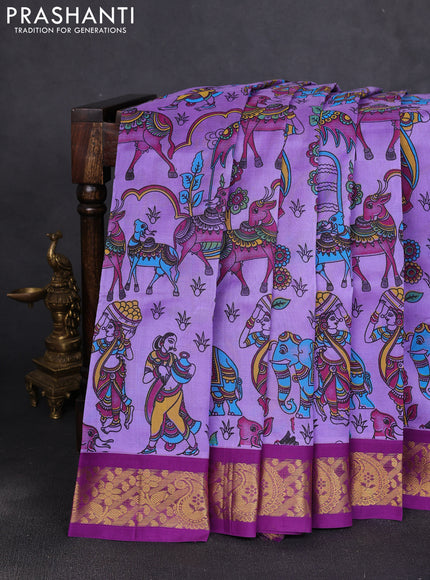 Silk cotton saree lavender and purple with allover kalamkari prints and korvai zari woven border
