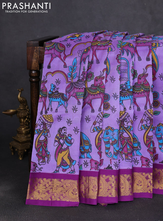 Silk cotton saree lavender and purple with allover kalamkari prints and korvai zari woven border