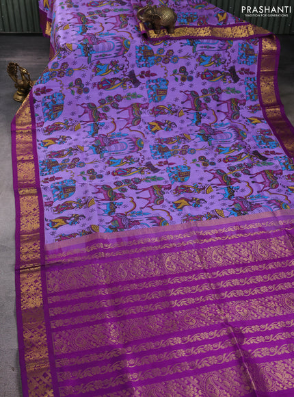 Silk cotton saree lavender and purple with allover kalamkari prints and korvai zari woven border