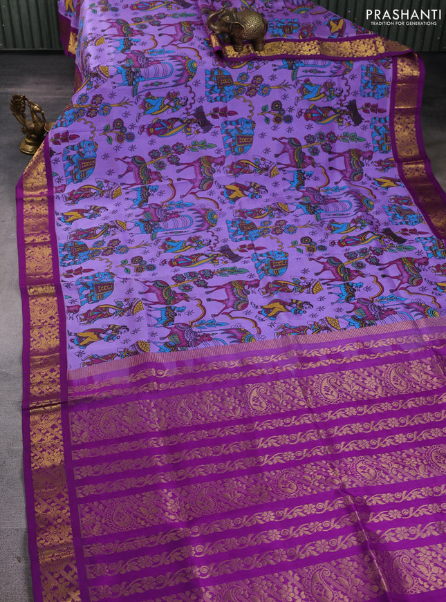 Silk cotton saree lavender and purple with allover kalamkari prints and korvai zari woven border
