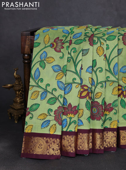 Silk cotton saree pista green and deep maroon with allover kalamkari prints and korvai zari woven border