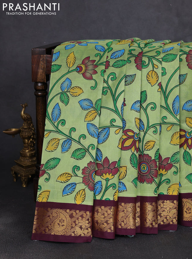 Silk cotton saree pista green and deep maroon with allover kalamkari prints and korvai zari woven border