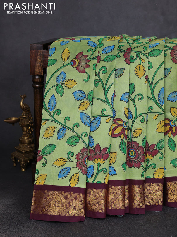 Silk cotton saree pista green and deep maroon with allover kalamkari prints and korvai zari woven border