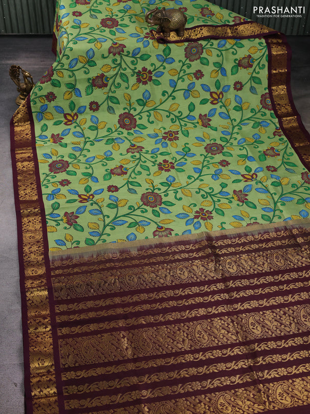 Silk cotton saree pista green and deep maroon with allover kalamkari prints and korvai zari woven border
