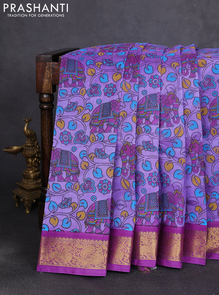 Silk cotton saree lavender and purple with allover kalamkari prints and korvai zari woven border