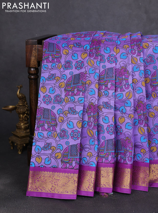 Silk cotton saree lavender and purple with allover kalamkari prints and korvai zari woven border