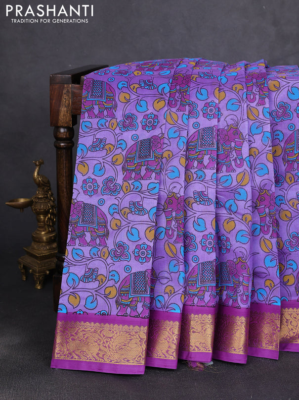 Silk cotton saree lavender and purple with allover kalamkari prints and korvai zari woven border