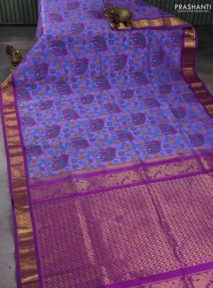 Silk cotton saree lavender and purple with allover kalamkari prints and korvai zari woven border