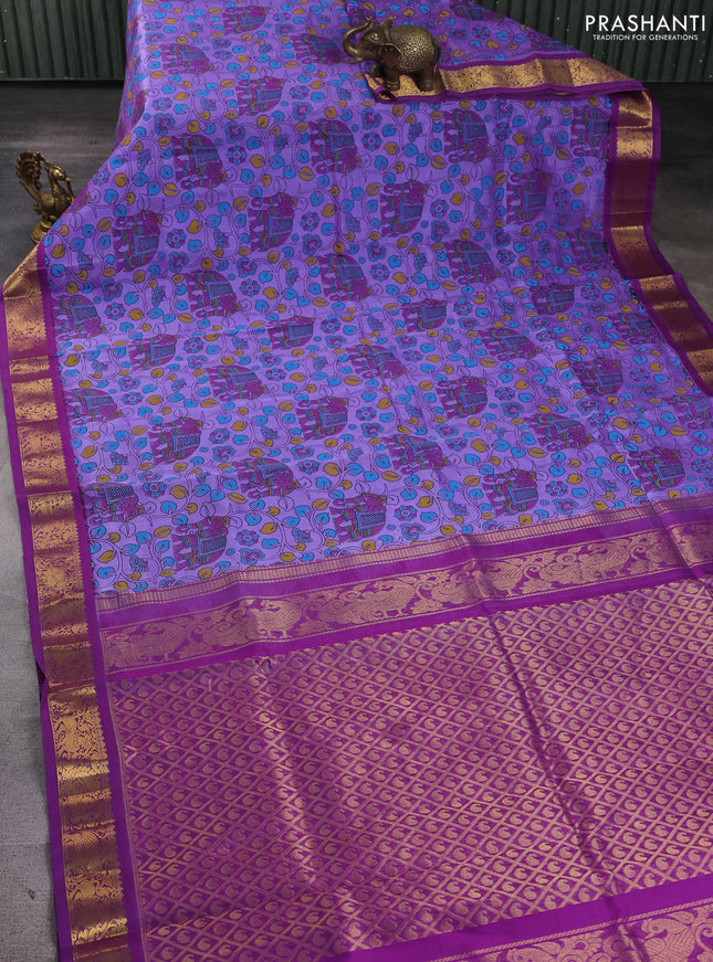 Silk cotton saree lavender and purple with allover kalamkari prints and korvai zari woven border