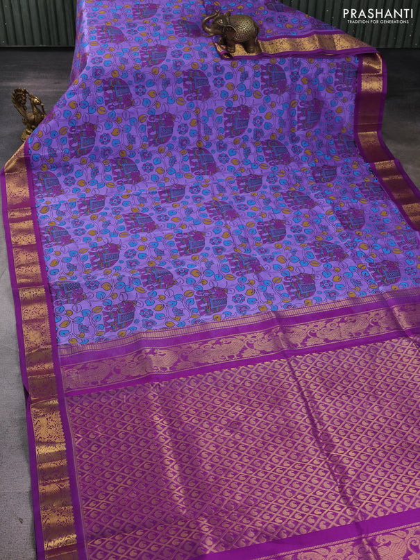 Silk cotton saree lavender and purple with allover kalamkari prints and korvai zari woven border