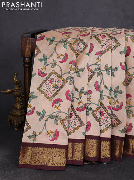 Silk cotton saree beige and coffee brown with allover kalamkari prints and korvai zari woven border