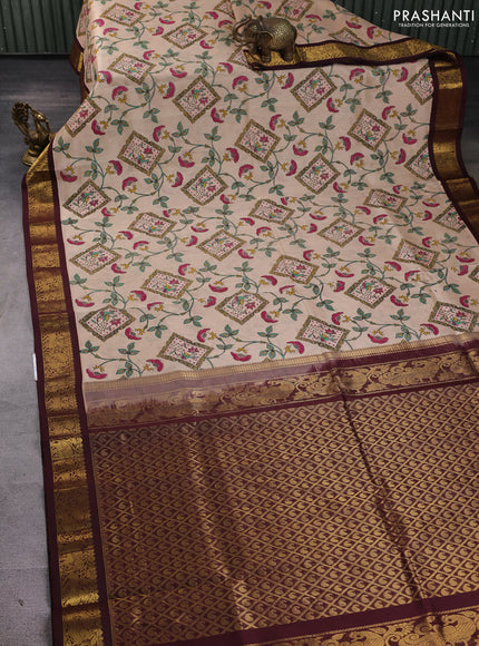 Silk cotton saree beige and coffee brown with allover kalamkari prints and korvai zari woven border