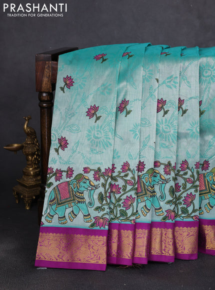 Silk cotton saree teal green and purple with allover kalamkari prints and korvai zari woven border