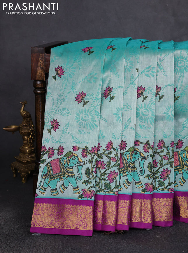 Silk cotton saree teal green and purple with allover kalamkari prints and korvai zari woven border