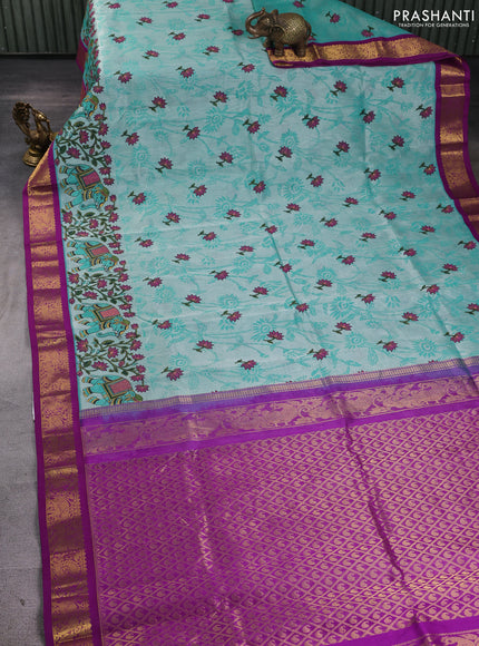 Silk cotton saree teal green and purple with allover kalamkari prints and korvai zari woven border
