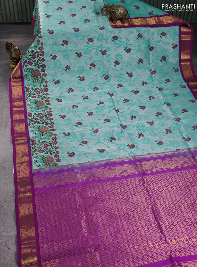 Silk cotton saree teal green and purple with allover kalamkari prints and korvai zari woven border