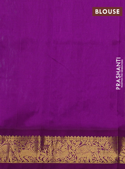 Silk cotton saree teal green and purple with allover kalamkari prints and korvai zari woven border
