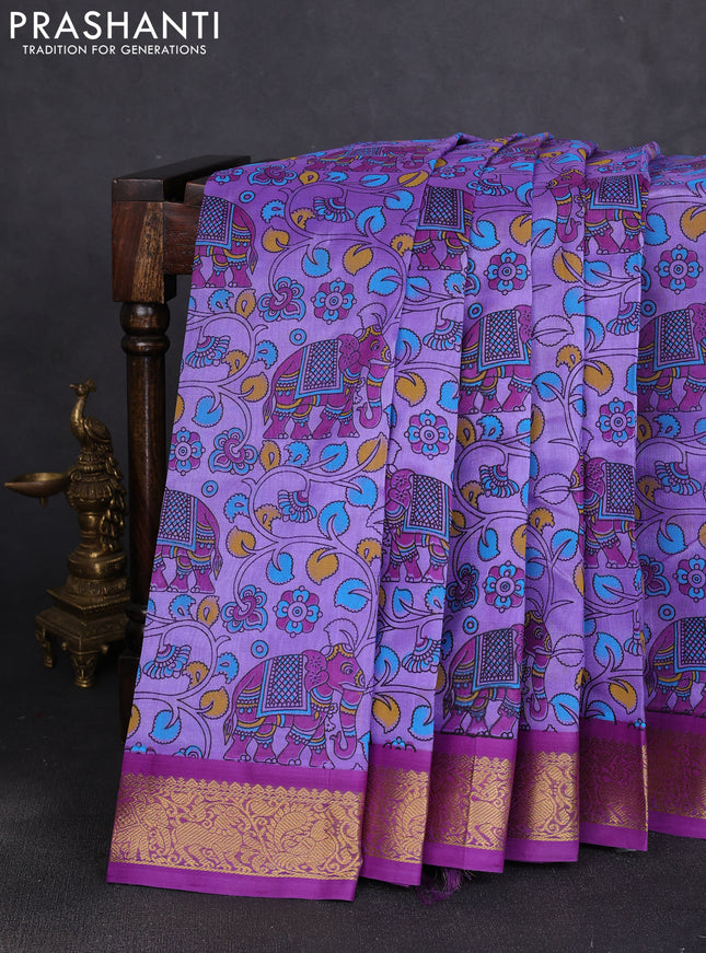 Silk cotton saree lavender and purple with allover kalamkari prints and korvai zari woven border