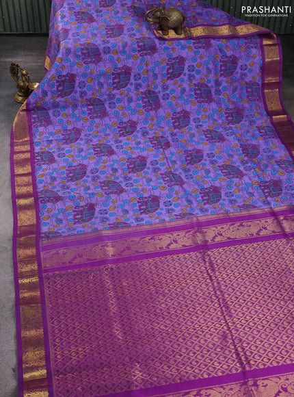 Silk cotton saree lavender and purple with allover kalamkari prints and korvai zari woven border