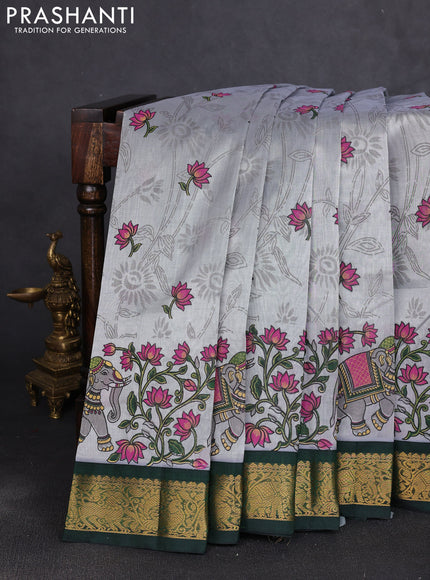 Silk cotton saree grey and bottle green with allover kalamkari prints and korvai zari woven border