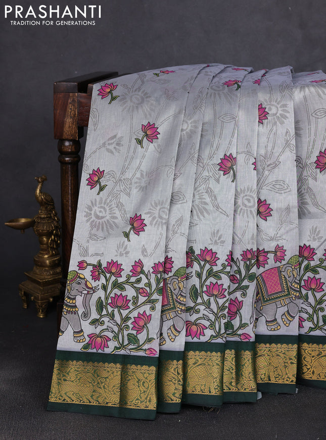 Silk cotton saree grey and bottle green with allover kalamkari prints and korvai zari woven border