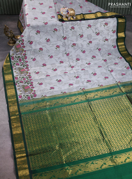 Silk cotton saree grey and bottle green with allover kalamkari prints and korvai zari woven border