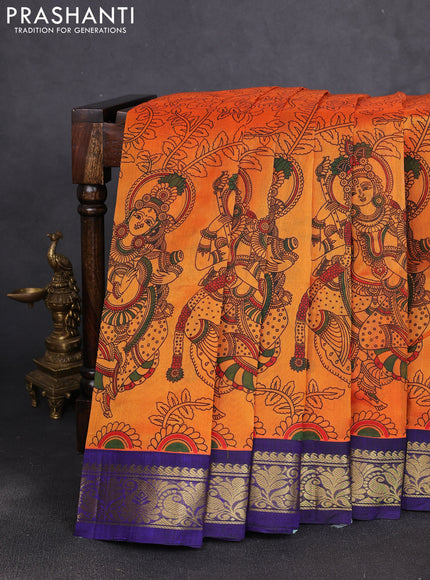 Silk cotton saree orange and dark blue with allover kalamkari prints and korvai zari woven border