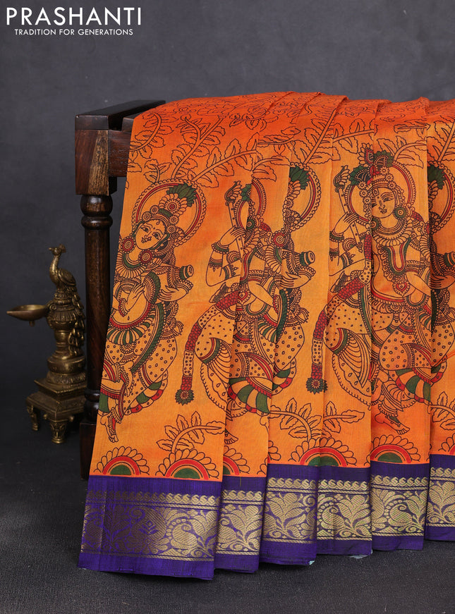 Silk cotton saree orange and dark blue with allover kalamkari prints and korvai zari woven border