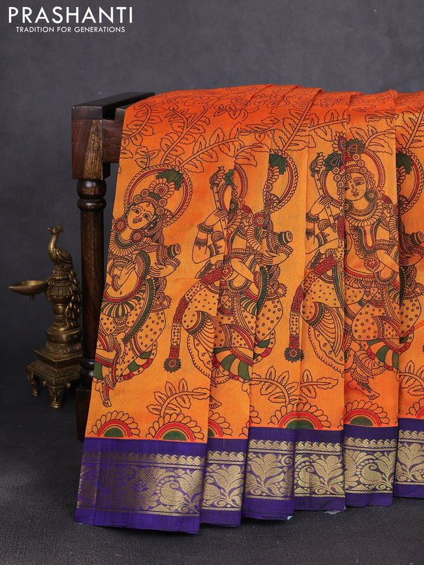 Silk cotton saree orange and dark blue with allover kalamkari prints and korvai zari woven border
