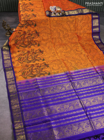 Silk cotton saree orange and dark blue with allover kalamkari prints and korvai zari woven border